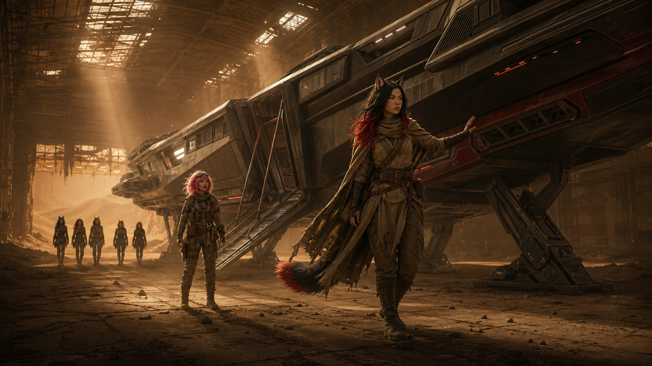 Hangar — in-a-post-apocalyptic-cinematic-style-a-group-of