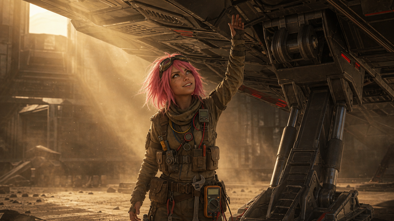 Hangar — in-a-post-apocalyptic-style-a-young-woman-with