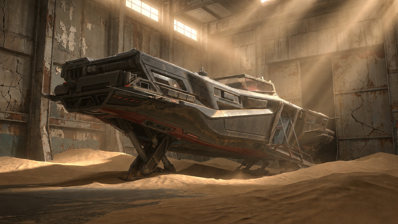 The Ship — a-large-dark-spacecraft-rests-on-landing-gear-in