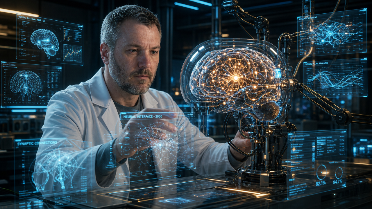 Design — Csaba studies the substrate model. Holographic brain, neural-net topology, 22 years of work converging.