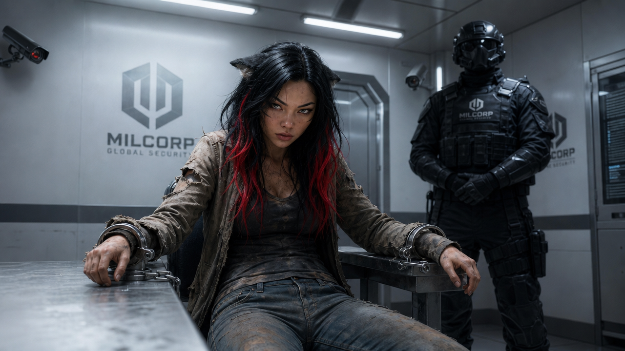 Cell — MilCorp Global Defense interrogation bay. One guard. Aika sits cuffed to a metal table. She has been doing the math for six hours. The guard does not know yet.