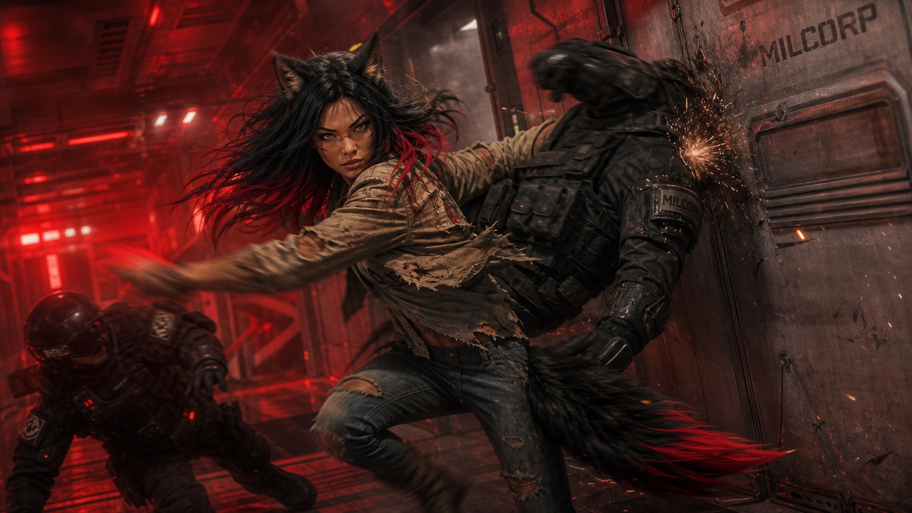 The fight — corridor of the holding facility. Two MilCorp operators down in the same second. Aika in motion. Her instinct-map ran the building in 1.4 seconds; she has been waiting for the right shift change ever since.