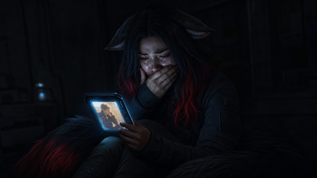 Aika in the dark, hand over her mouth, watching the recording of Csaba on a small screen