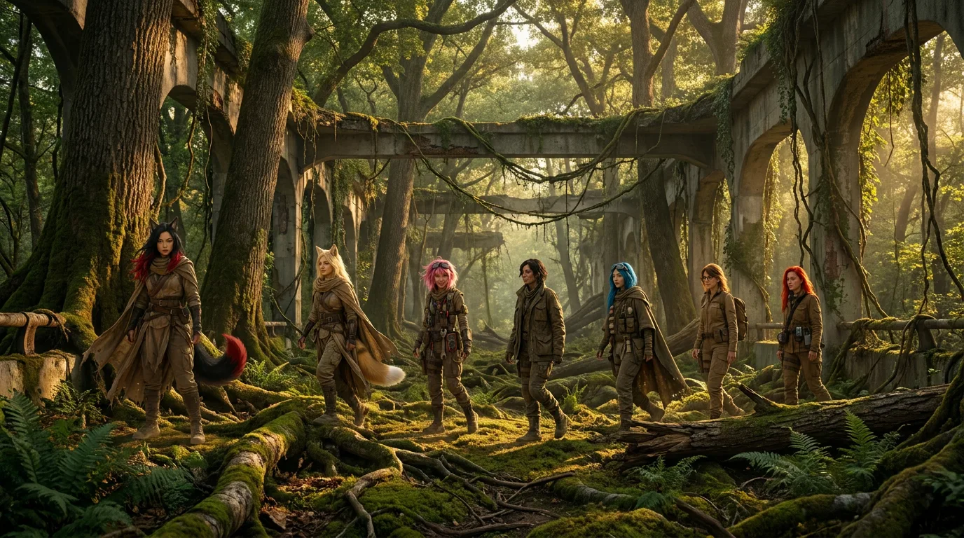 Aika's CORE7 rig hums, casting a pale glow on the ruined jungle. Akari's fox ears twitch, and Komu's blue hair shimmers as they step through the overgrown wreckage, their footsteps echoing off moss-covered concrete. Timeless, they move, driven by the promise of finding the Polyáks, their mission unyielding despite the passing of two human lifetimes.