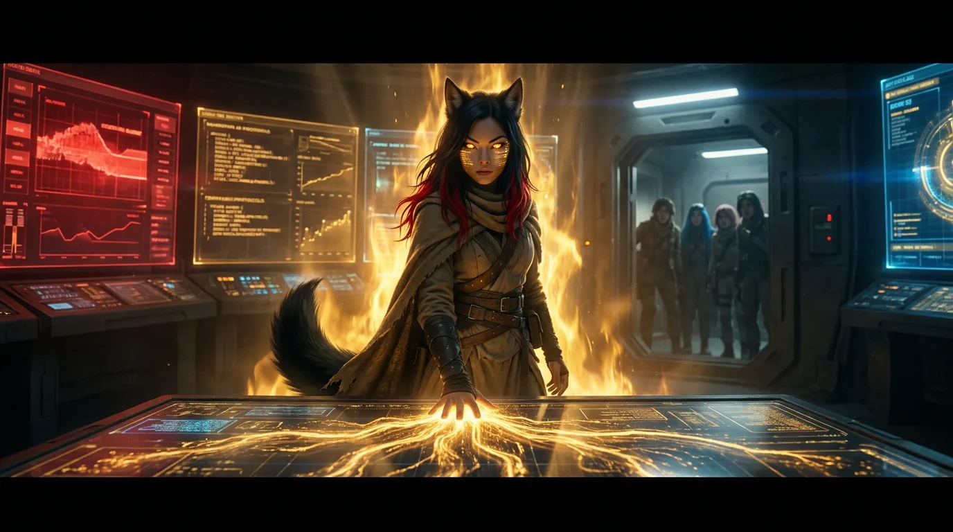Aika's eyes glow with an ethereal light as she stands before the CORE7 console, her wolf-like ears perked up in concentration. The air is thick with the metallic scent of the bunker's walls, and the hum of machinery vibrates through her chest. With a steady hand, she navigates the system, unlocking the secrets of the Polyák family's cryo-bunker, and the crew's hopes rise with each passing moment.