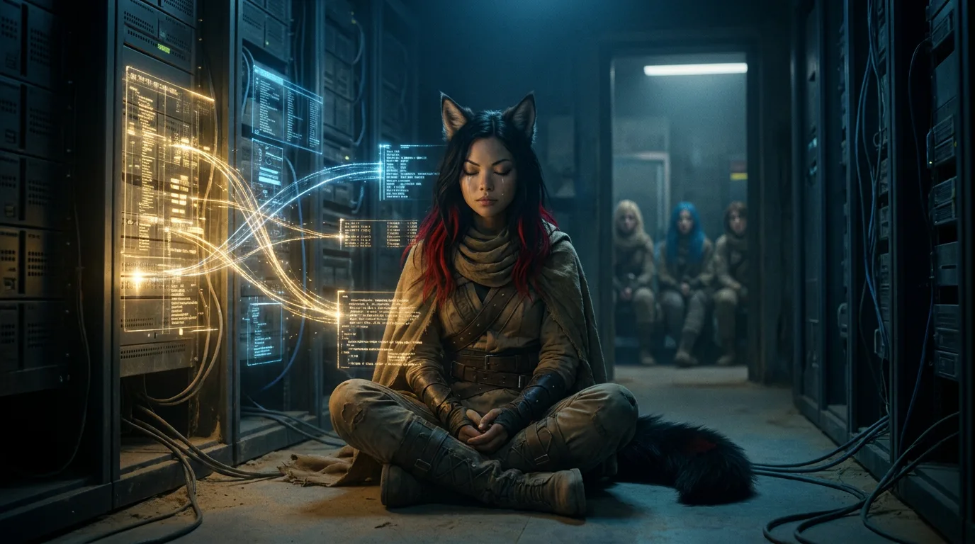 Aika sits cross-legged on the dusty floor, her eyes closed as she focuses on the CORE7 broadcast rig. The air is thick with the smell of metal and the faint hum of machinery. The bunker's AIs have surrendered, drones now under override, and the crew's push into the unknown has deepened, their search for the Polyák family a beacon of hope in the desolate wasteland.