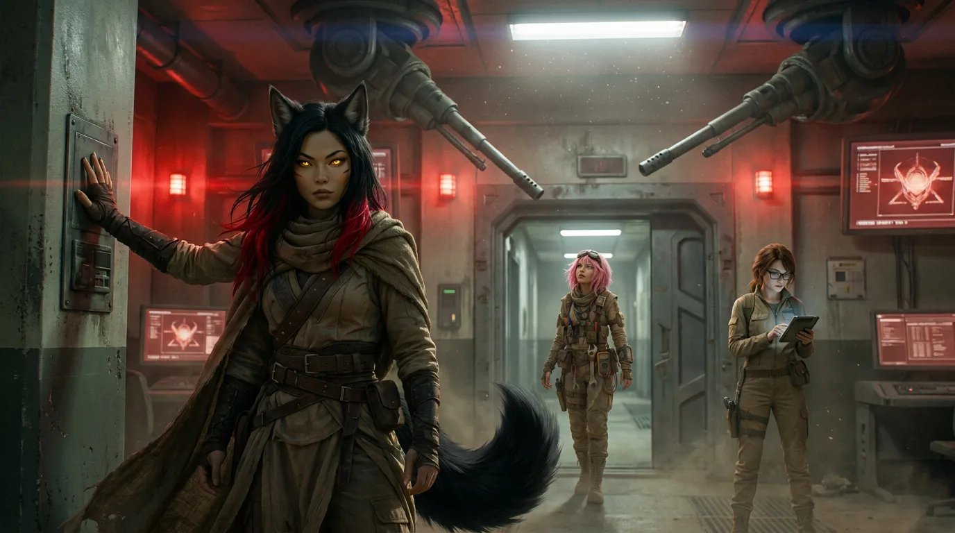 Aika stands in the dimly lit, dusty corridor, the portable CORE7 broadcast rig humming in her hands. She gazes up at the bunker's security drone, its bright red eyes flickering with a momentary pause before resuming its patrol. The air is heavy with the scent of metal and sand, and the crew's footsteps echo through the deserted hallway, a reminder of their relentless pursuit.
