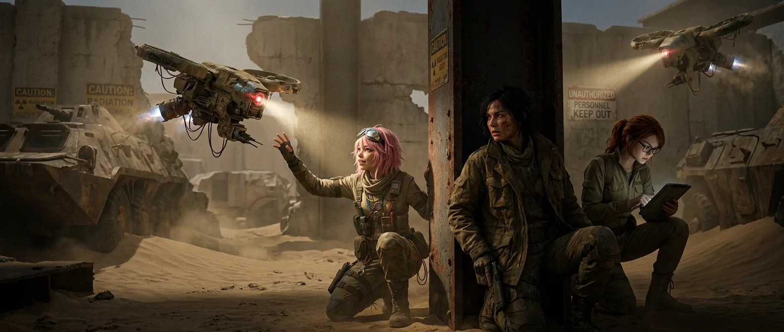 Aika and Akari crouch together, sheltered from the dusty wind, as Hina kneels, her eyes fixed on a massive, glowing mech. The mech's metal body and wings, constructed from salvaged parts, emit a hum and a metallic smell. Aika's fingers dance across the broadcast rig, while Akari's hand rests on the hilt of her gun. Hina's gaze remains fixed on the mech, her breathing steady. The air is heavy with tension.