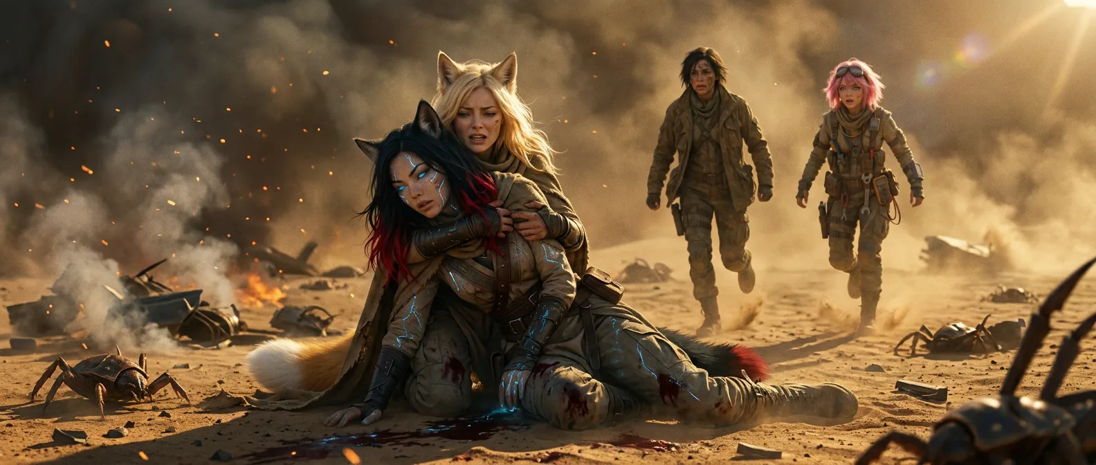 Aika's breath hitches as Akari's body crumples beneath her. The desert sand swirls around them, heavy with the acrid scent of smoke and metal. Hina's footsteps are a steady cadence behind, a reminder of the crew's unbroken bond. Aika's eyes, once bright, now dim with worry, as she holds Akari close, her CORE7 rig silent, its hum a distant memory. The desert's vastness seems to close in, yet the crew stands, united, against the unforgiving backdrop.