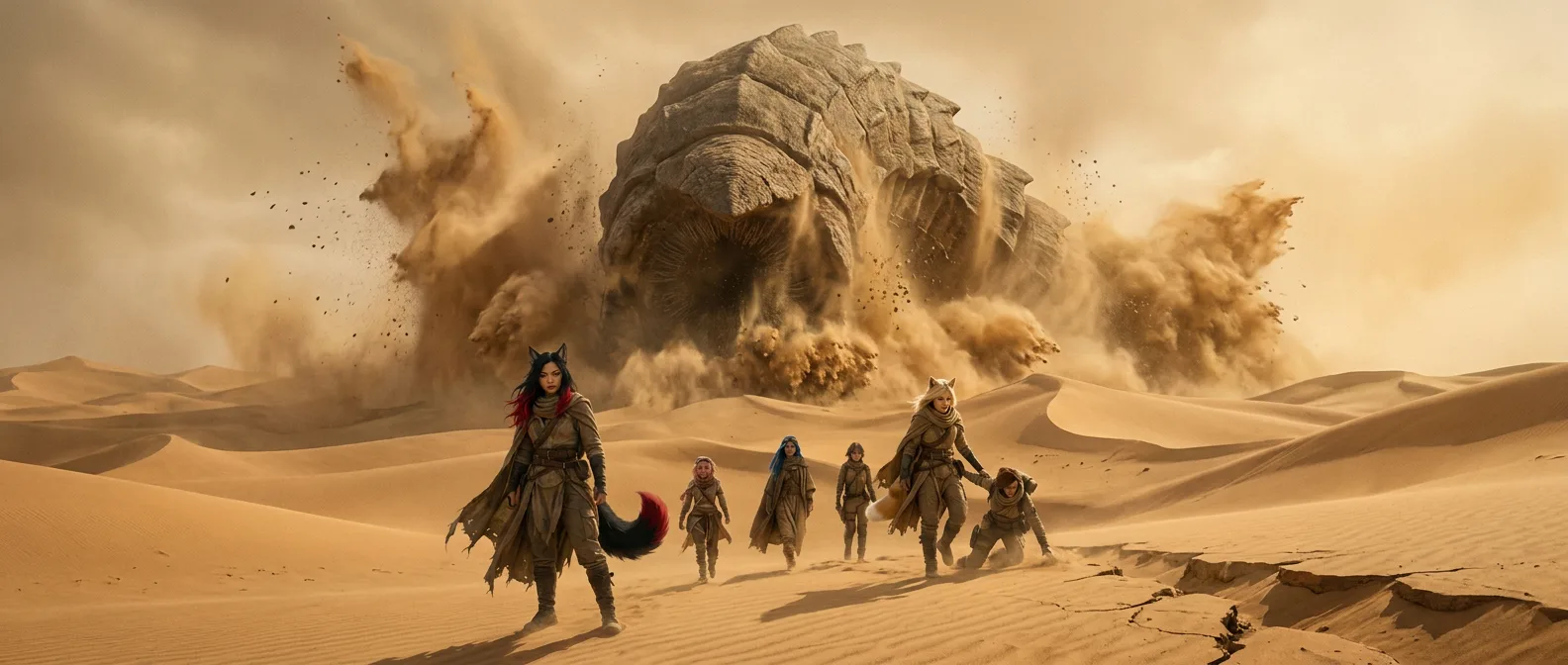 Aika's CORE7 broadcast rig crackles to life as she scans the horizon, her eyes squinting against the sandstorm's sting. Akari and Hina stand beside her, their hybrid bodies braced against the wind. The crew's weary faces are set in determination, their breath visible in the cold desert air. Suddenly, a massive rock formation shudders, sending sand and debris flying. The crew stirs, their hearts pounding in unison. This is their moment. They must decide.