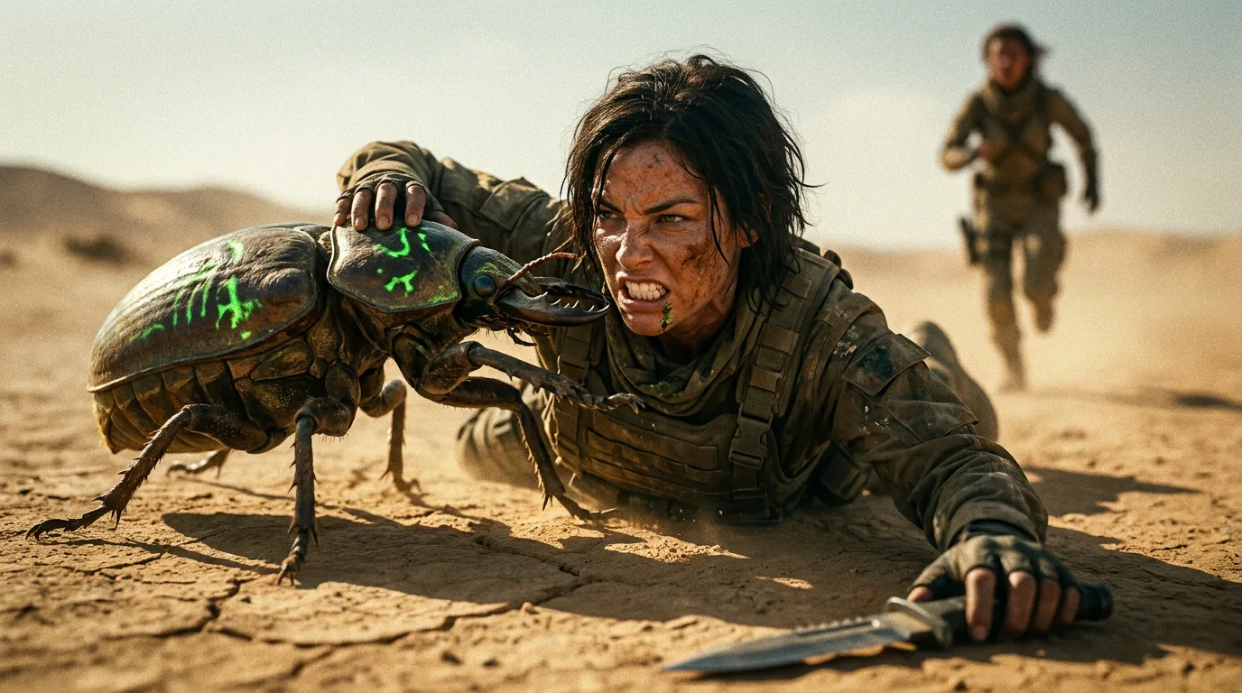 Aika crouches, her CORE7 rig a blur of motion as she scans the arid wasteland. Rika's battle-worn form appears beside her, eyes locked on the approaching beetle-tank. The air is thick with the metallic tang of rust and radiation. Aika's breath is steady, her gaze fixed on the horizon as she readies her weapon. The ground beneath them is cracked and barren, a testament to the desolate world they've inherited.