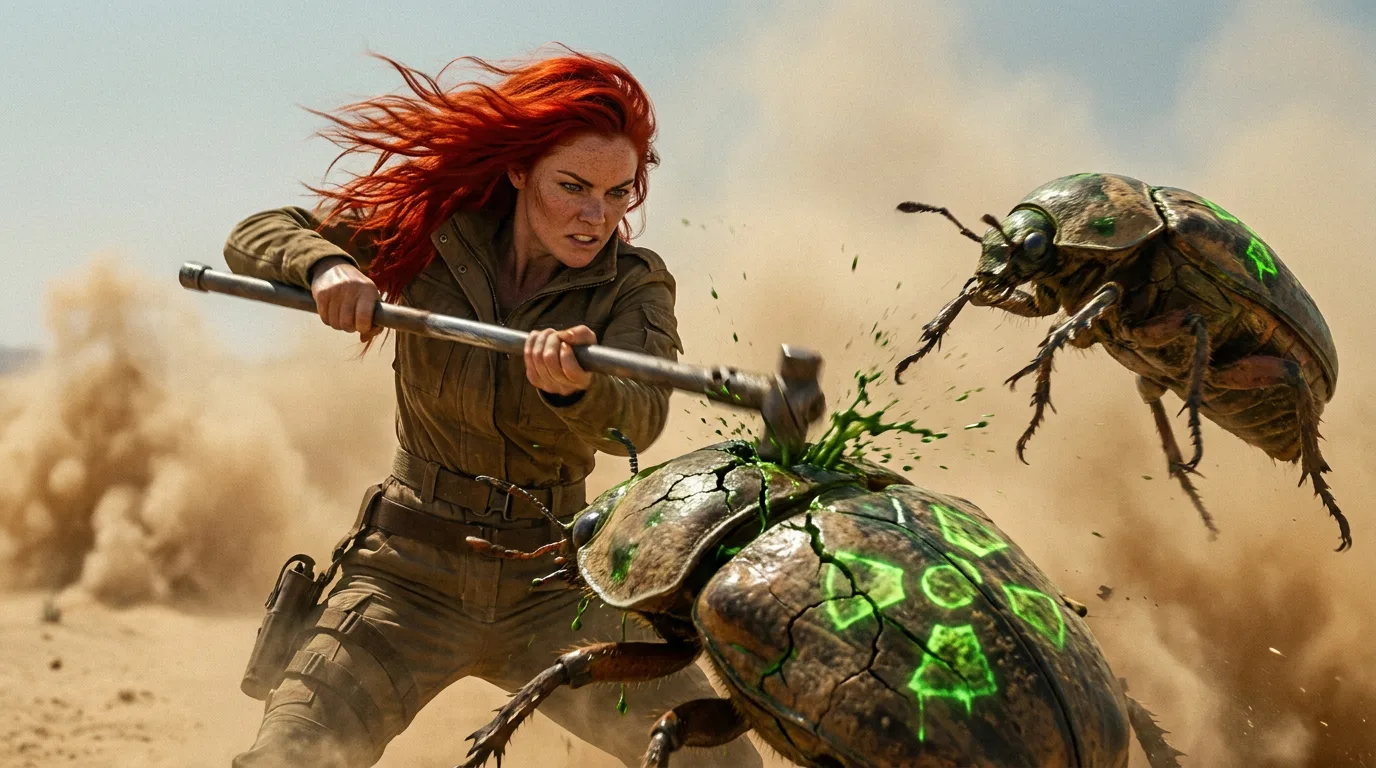 Aika's breathless shout echoes across the desolate wasteland as she wields the CORE7 broadcast rig, its metal frame trembling in her hands. Rika, her hybrid counterpart, charges forward, her eyes fixed on the tank-beetle's scuttling form. The air is heavy with the acrid smell of radiation and the metallic tang of the rig. Aika's voice cracks with urgency as she calls out, "Rika, watch your back!" The beetle's mandibles snap wildly, mere inches from Rika's face.
