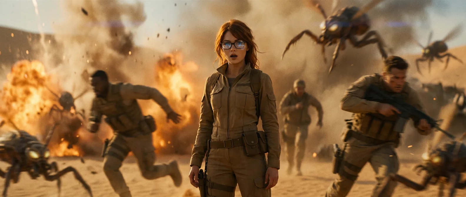 Akari's gaze snaps to the left, her eyes narrowing as she watches the swarm of giant insects charge towards her and the rest of the Vespera crew. The air is heavy with the metallic scent of CORE7's broadcast rig, and the dry, sandy earth beneath her feet. The desert's stillness is broken only by the sound of her own ragged breathing and the hum of the rig.