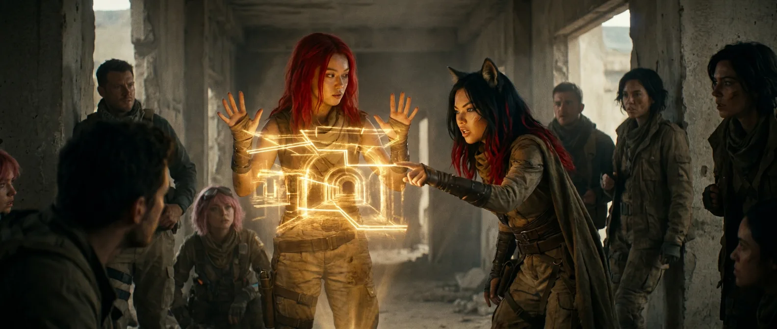 Aika's CORE7 broadcast rig hums, casting a warm glow over the dusty, abandoned corridor. Akari, her biologically engineered eyes fixed on something unseen, extends a hand towards the glowing, holographic structure. Hina, the crew's fox-eared, biologically engineered scout, stands at the forefront, poised to strike. The desert air is heavy with tension, the only sound the soft hum of the CORE7 rig and the distant rush of the wind.