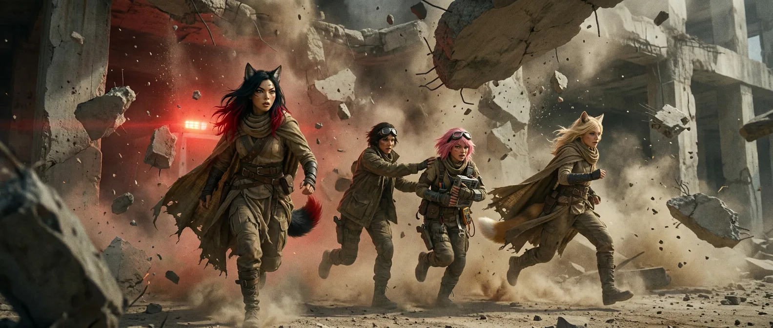 The sandstorm's roar recedes, replaced by the hum of CORE7's portable rig, Aika's steady breath. Akari's bio-enhanced senses pinpoint the swarm's trajectory, guiding the team's synchronized charge. Aika's rig syncs with the CORE7, broadcasting a tactical frequency that harmonizes with the team's battle plan. The desert's silence is shattered by the clash of metal and flesh.