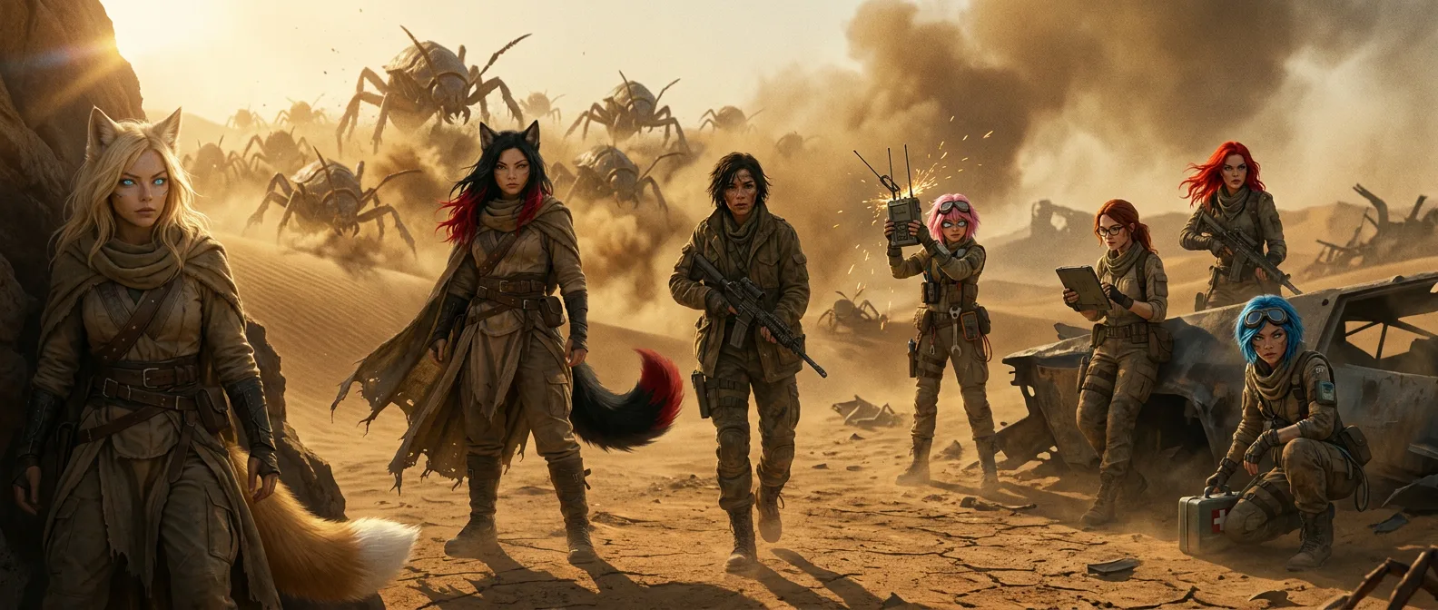Aika's rig hums, casting a metallic glow over the dusty battlefield. Akari's tail thrashes, a blur of motion as she leaps from cover to cover. Komi's rifle bursts with sparks, a precise counterpoint to the swarm's chaos. Sand swirls, a vortex of grit and radiation, as the crew dances through the swarm, their movements a choreographed ballet of survival.