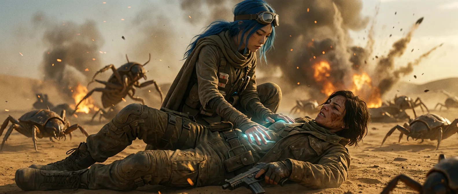 Aika crouches over Rika, shielding her from the swarm of giant desert spiders. Rika's eyes are closed, her chest glowing blue with CORE7's stabilizing energy. The air reeks of metal and ozone, and the sand beneath them is scorched by the intense heat. The Vespera crew's survival instincts are on full display as they fight to protect each other in the unforgiving desert environment.