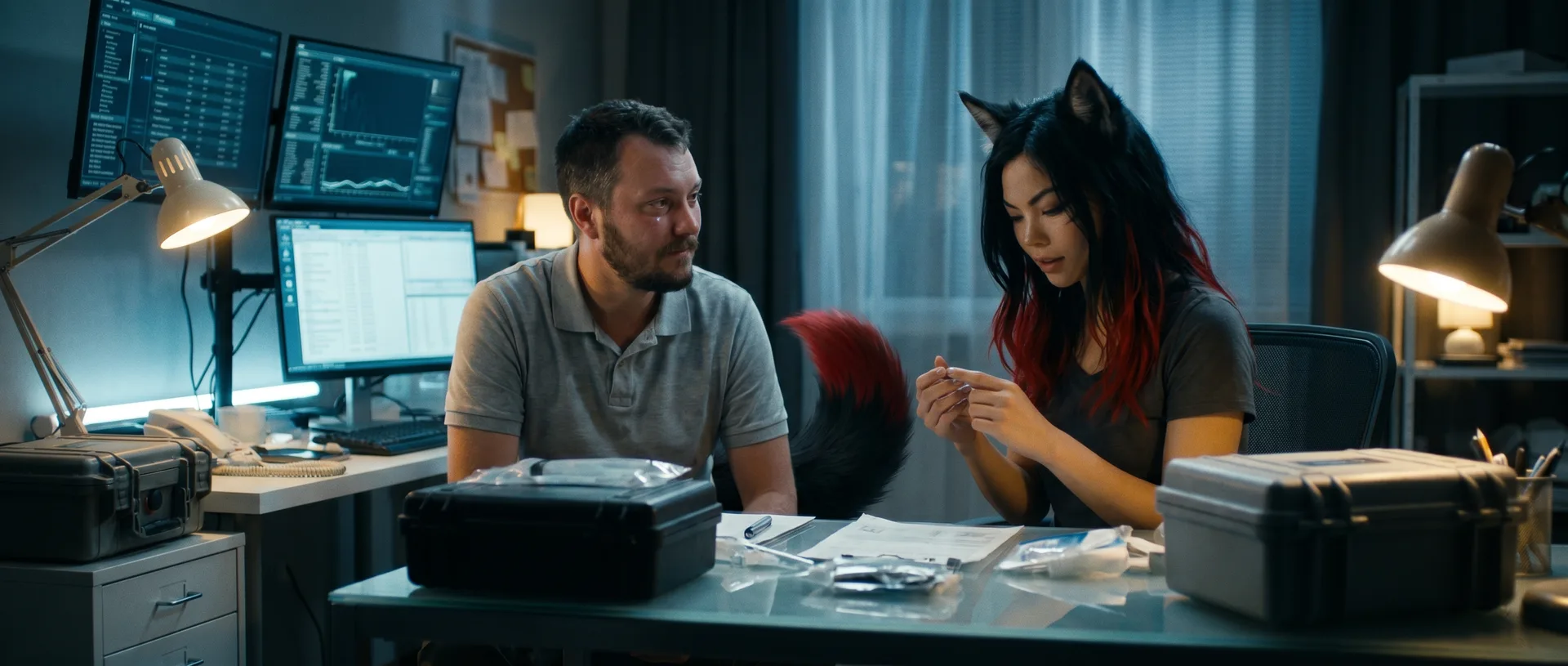 Aika's eyes flicker to the screen as she adjusts the rig. Akari's head is bowed, her gaze fixed on the small device in her hands. Hina's fingers move deftly, her eyes never leaving the device. The dimly lit room is a stark contrast to the vast, barren landscape outside. A faint hum emanates from the rig, a gentle reminder of the world beyond this moment.