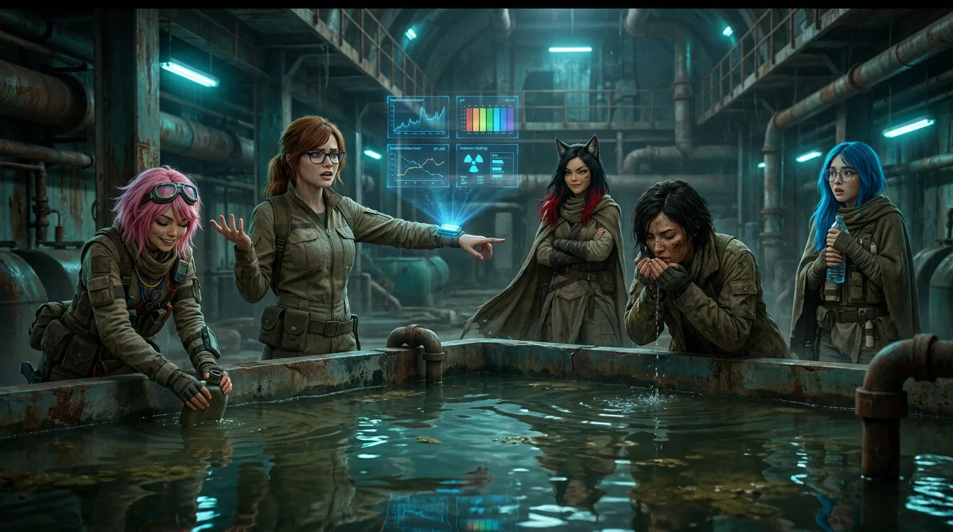 The air reeks of rust and sand. Komi's eyes water as she drinks from a trough of murky water, her body craving sustenance in this desolate wasteland. Yui stands nearby, her eyes fixed on the horizon, her expression a mask of determination. The other crew members huddle around a makeshift dinner, their faces etched with the weight of their journey.