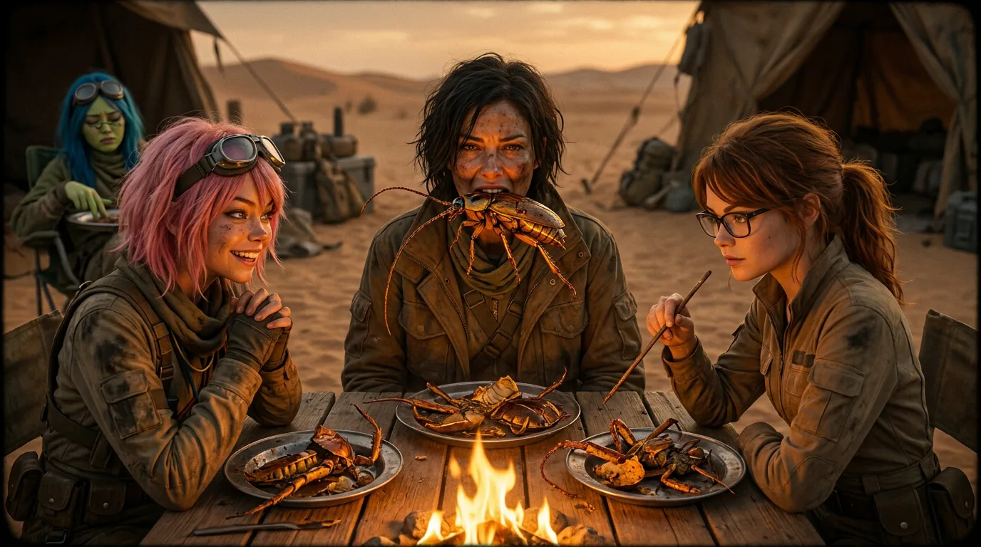 Yui's kitchen erupts in a brief explosion, and the crew gathers around a makeshift dinner table in the desert, their faces illuminated by the flickering fire. Komi douses herself with the last clean water, while Yui and the others sit down to a meal of beetles, their expressions a mix of resignation and determination. The wind howls through the desert, a harsh reminder of their surroundings.