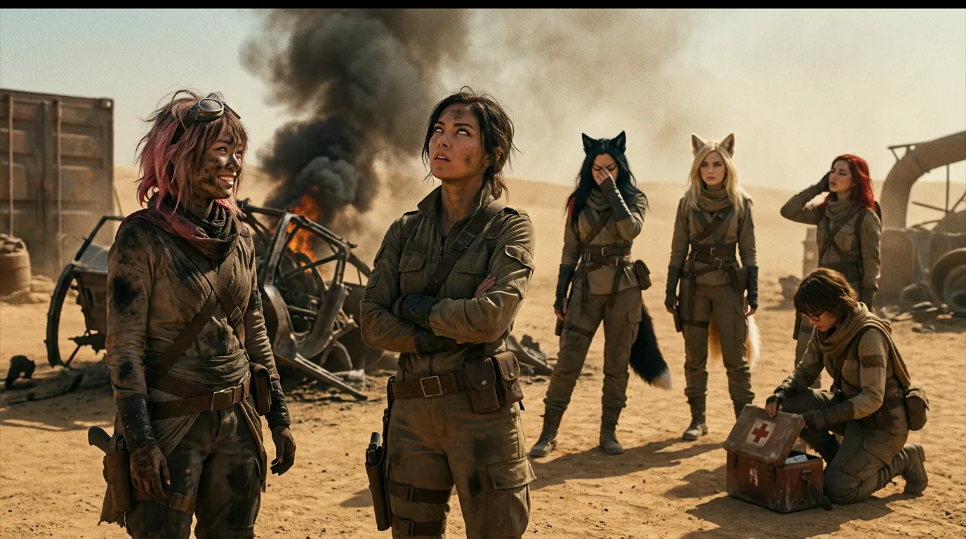The group's tension simmers, the air thick with the metallic tang of rust and the acrid smell of burnt earth. Aika's CORE7 rig hums in the background, its broadcast signal a constant reminder of their mission. Hina's furrowed brow and crossed arms betray her frustration, while Akari's gaze drifts off into the desert's vast expanse, her mind elsewhere. The Vespera crew's dynamics are frayed, their search for the Polyák family a constant strain.