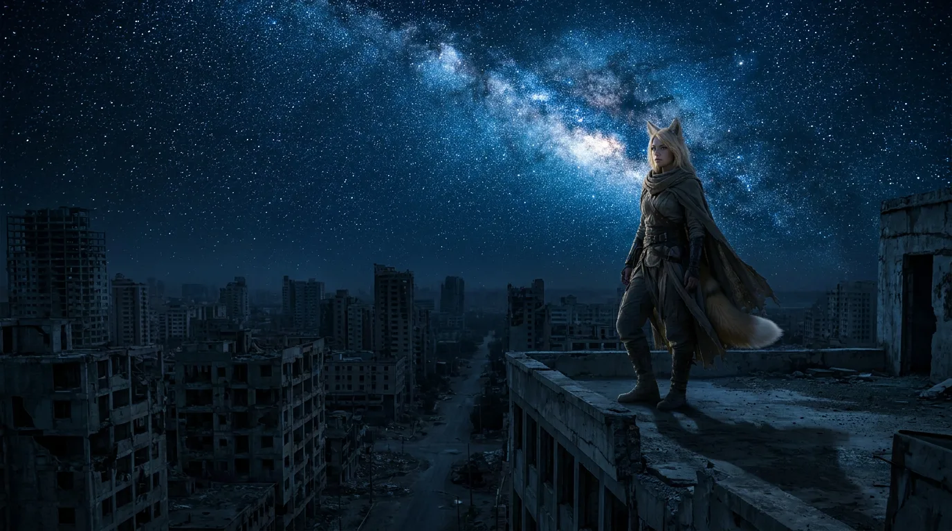 Aika stands atop a crumbling skyscraper, her gaze lost in the starry expanse. The cityscape stretches out, a barren wasteland of concrete and steel. The air is heavy with the scent of metal and dust. The CORE7 broadcast rig hums softly in her hand, a reminder of their mission to find the Polyák family. The weight of their journey hangs heavy, yet hope flickers like a beacon in the darkness.