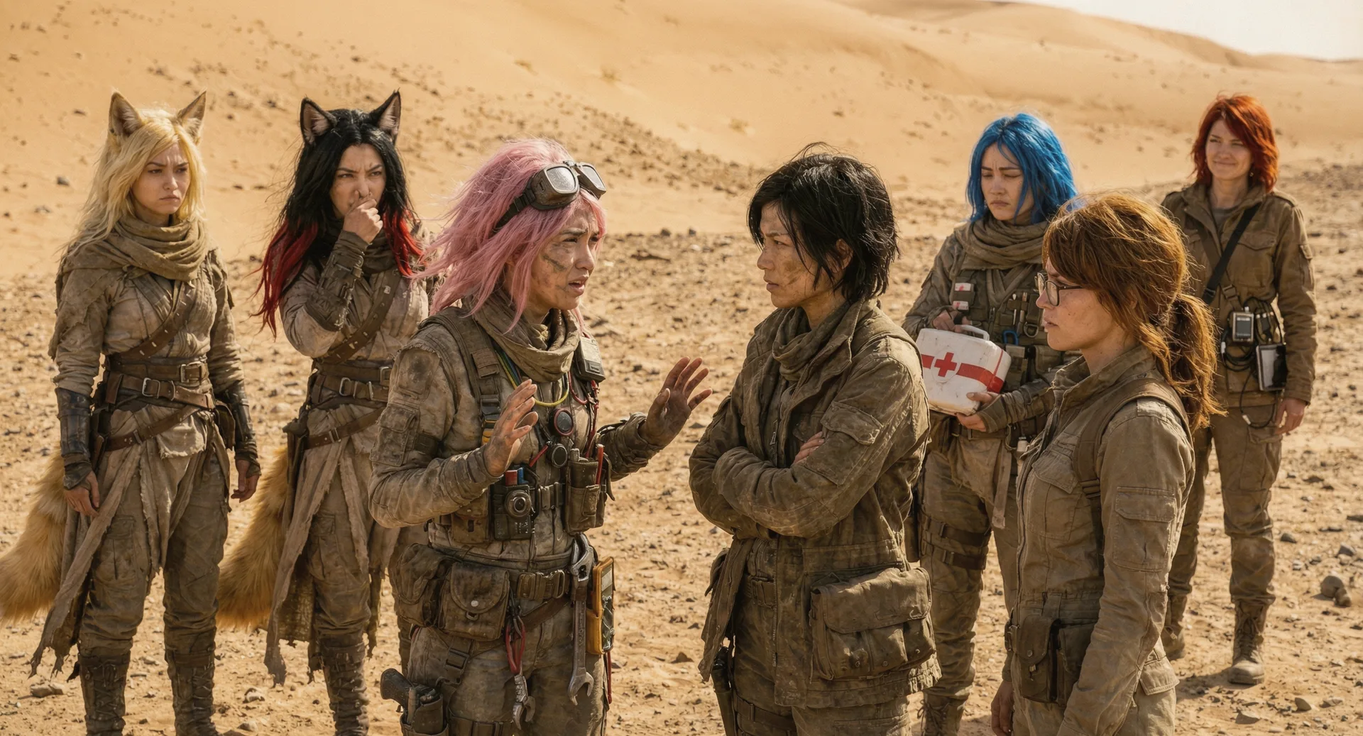 Aika's CORE7 rig hums softly, as the crew gathers in the dusty expanse. Rika's fiery mane ruffles in the breeze, while Hina's calm presence eases the tension. The air is heavy with unspoken words, the weight of their shared journey bearing down on them. Aika's voice cuts through the silence, her words a lifeline in the desolate landscape.