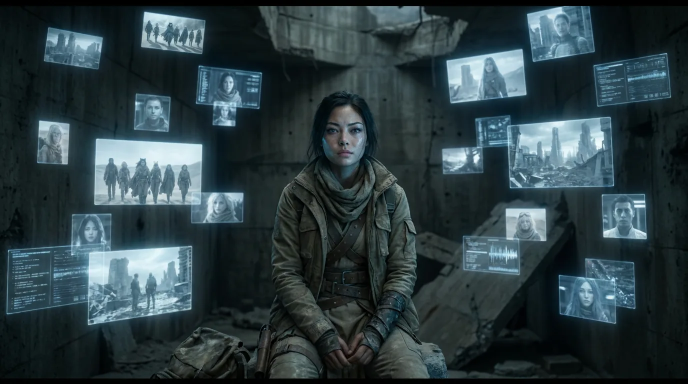 Aika's CORE7 broadcast rig hums softly in the background as she sits, her eyes drifting to the desolate wasteland outside the bunker. The air is heavy with the smell of rust and decay. She's been here for days, waiting for Rika to wake up from her cryosleep. The silence is oppressive, broken only by the gentle hiss of the rig.