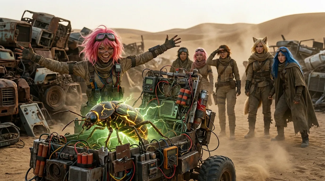 Aika's pink hair and goggles gleam in the dusty sunlight as she gestures with both hands, her CORE7 broadcast rig humming behind her. Komi and Rika stand nearby, their faces set in determination. The sand beneath their feet is dry and cracked, the air thick with the smell of metal and ozone. Aika's broadcast crackles to life, and she begins to speak, her voice carrying across the wasteland.