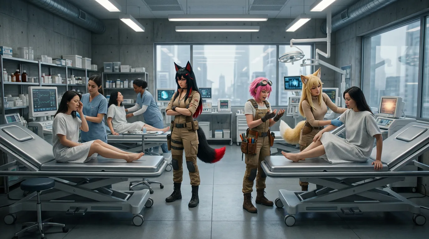 Aika's broadcast rig hums, its metal scent filling the air as she and the crew stand in the medical bay. Hina, her pink hair a stark contrast to the sterile environment, gestures emphatically, while Rika, her blonde locks tied back, listens intently. The team's dynamics are on full display, a delicate balance of personalities and purposes in a world where survival is a daily struggle.