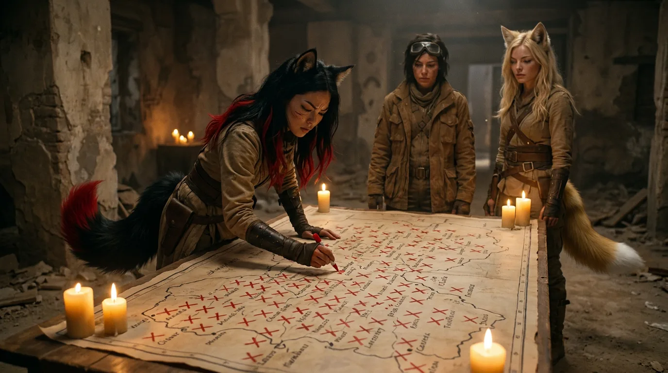 Aika's CORE7 broadcast rig hums in the background as Akari and Hina stand before a map marked with red Xs, their faces set in determination. The air is heavy with the scent of sand and metal, a reminder of the desolate world they inhabit. Akari's hand hovers over the map, her eyes locked on a particular location, as if weighing the risks and rewards of their next move.