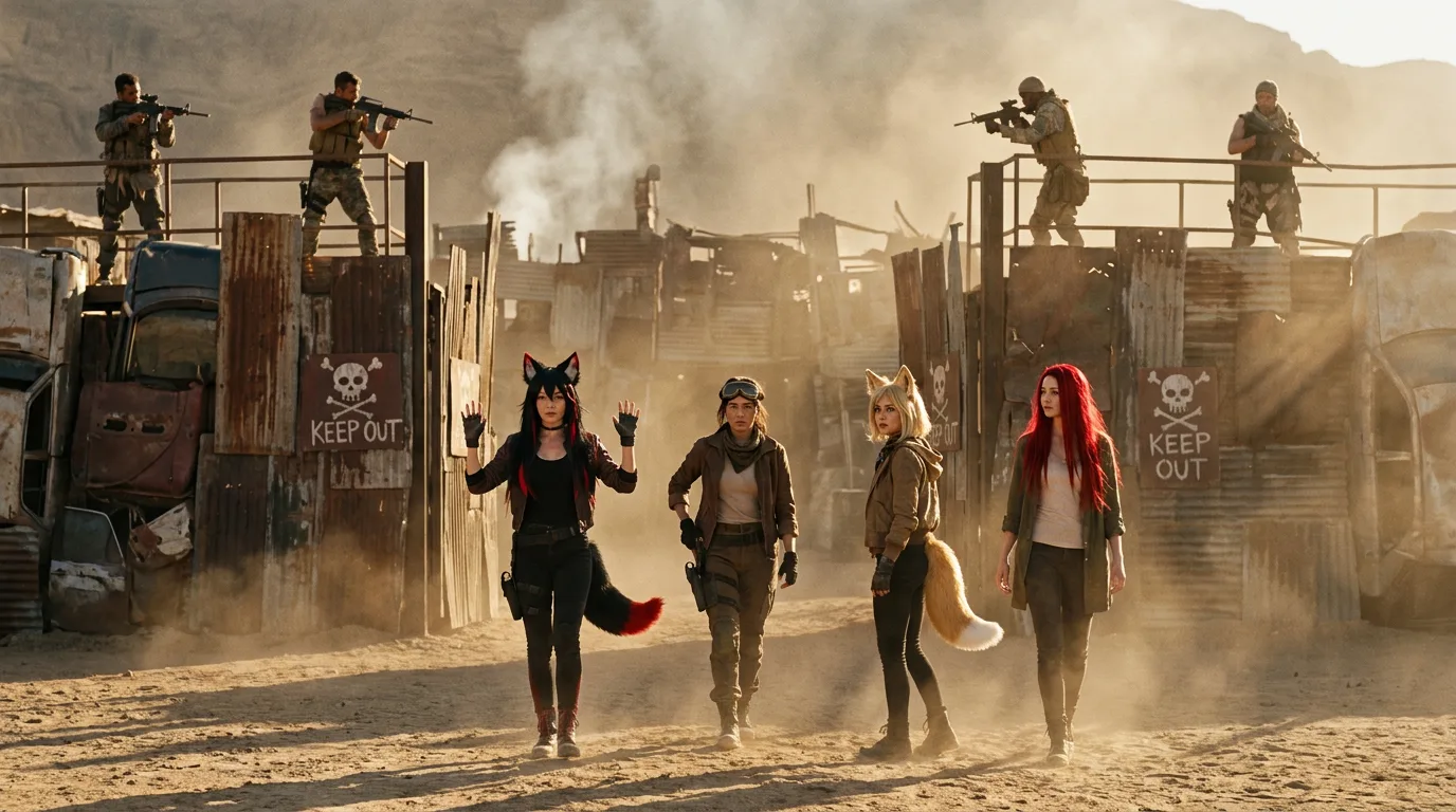 The image captures a poignant moment in the "Group Dynamics" episode, as the crew navigates a desolate wasteland. Aika, Akari, and Hina walk together, their footsteps kicking up clouds of sand, while Aika's portable CORE7 rig hums in the background. The air is heavy with the scent of metal and smoke, and the women's breaths are visible in the chill air. The scene exudes a sense of resilience and camaraderie in the face of adversity.