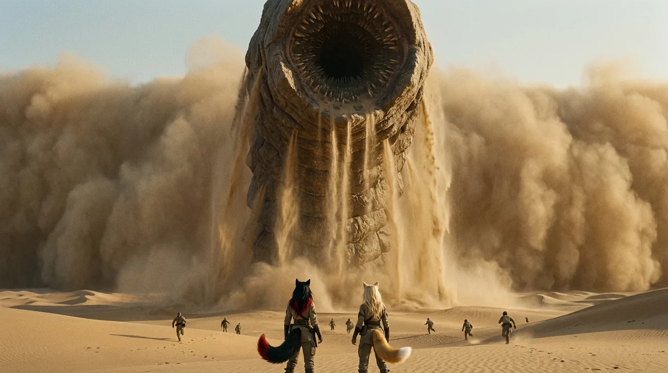 Aika and Akari stand before the imposing, ancient structure, their breath visible in the chill desert air. The sandstorm rages on, a constant reminder of the unforgiving environment they've traversed for 300 years. The weight of their search for the Polyák family and the secrets hidden within the MAMA bunkers hangs heavy, as they pause, surveying the landscape, their CORE7 broadcast rig at the ready.