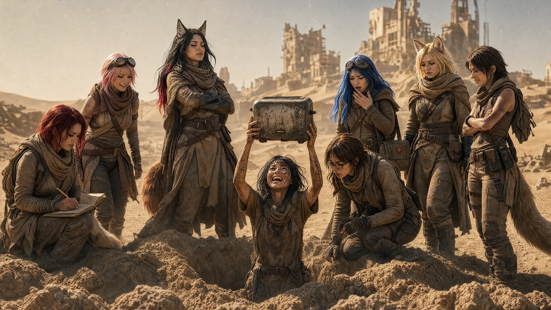 Aika's broadcast rig hums, casting a warm glow on the desolate wasteland. Komi kneels, her eyes fixed on the sand, while the others gather around her, their faces a mix of concern and determination. The crew's dynamics are on full display, their banter and laughter punctuated by the harsh realities of their mission to find the Polyák family.