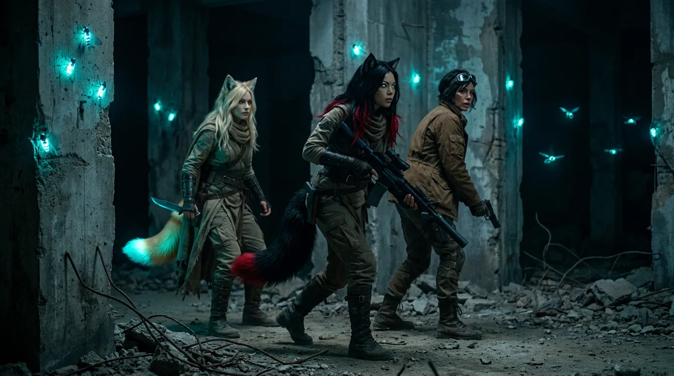 Aika and Akari stride through the ruins, their footsteps echoing off the concrete walls. Aika's eyes scan the horizon, while Akari's gaze is fixed on something ahead, her tail twitching with a mix of curiosity and caution. The air is thick with the smell of metal and radiation, but their determination remains unbroken.