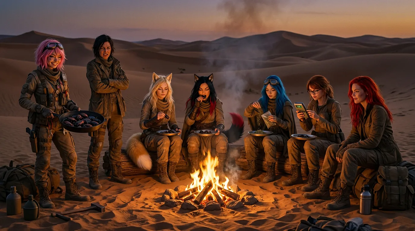 As the sun dips below the horizon, the Vespera crew gathers around a small fire in the middle of a vast, barren desert landscape. Aika, with her pink hair, stands to the left, holding a pan filled with what looks like a hearty meal, while Komi, with her white fur, and Rika, with her black and red fur, sit together on a log, sharing a plate of food and a moment of quiet camaraderie. The others, each with their unique features and attire, join in, their faces illuminated by the warm glow of the fire, as they take a brief respite from their grueling search for the Polyák family.