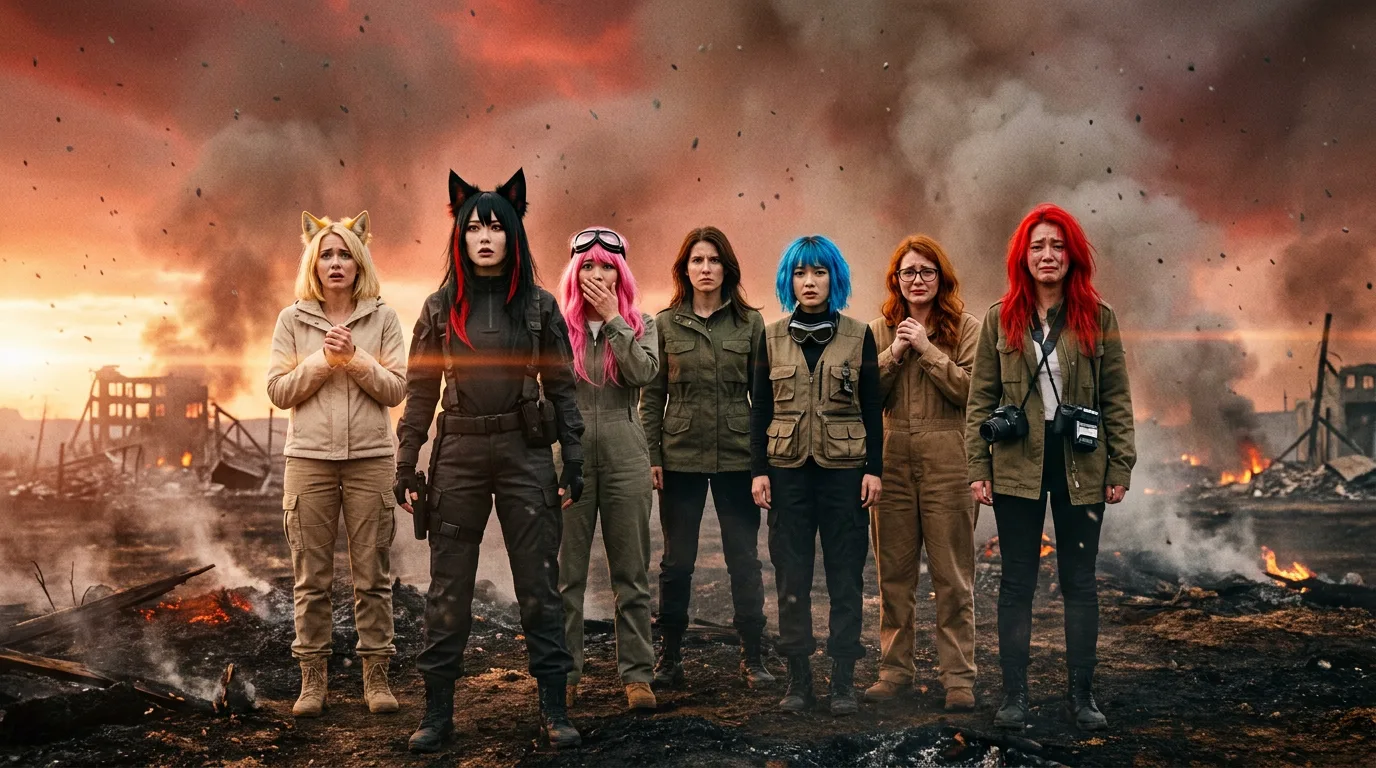 Aika's CORE7 rig hums as she scans the smoldering ruins. Hina's hands are clasped in front of her, her eyes downcast, her pink hair a stark contrast to the ashen landscape. Komi's black and red hair is a blur as she turns away, her voice lost in the howl of the wind. The rest of the crew stands united, their faces etched with the weight of their journey.