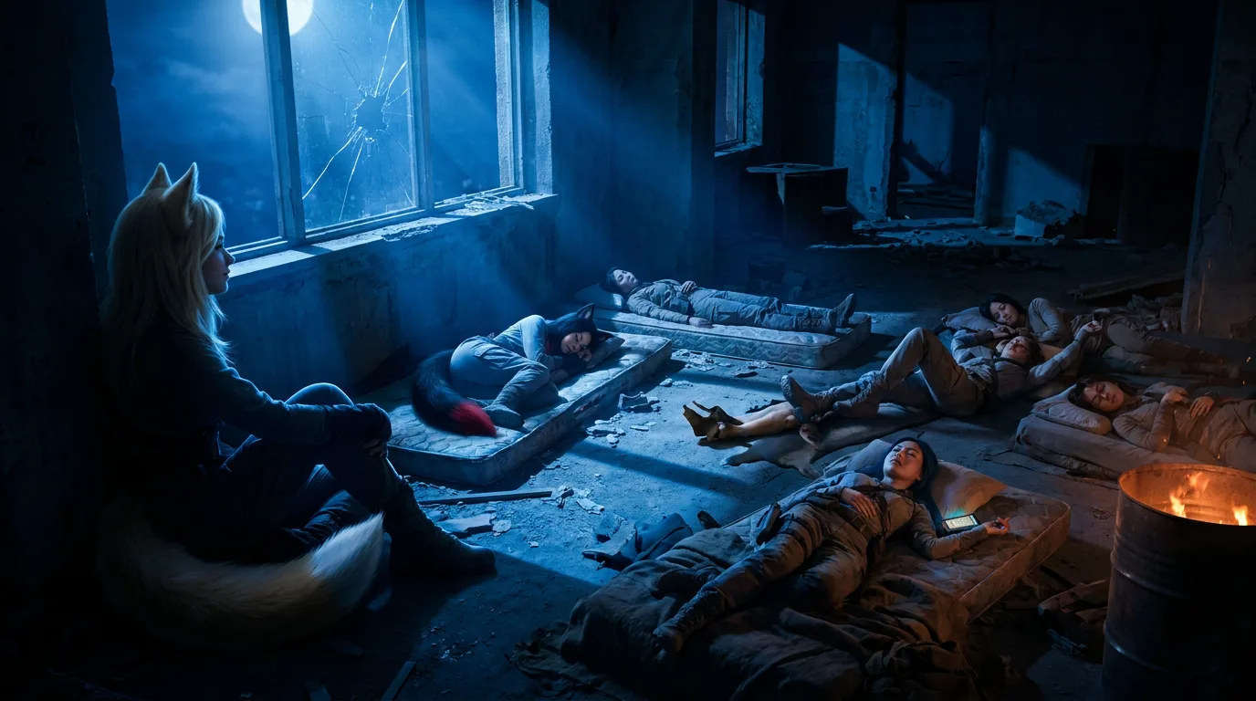 Aika's eyes scan the room, the only light from the moon casting long shadows. The crew sleeps, exhausted, in the decaying bunker. Akari's tail curls around her, Rika's hair a mess, as they rest after a grueling day. The silence is heavy, a reminder of the weight of their mission. Aika's gaze lingers, her heart heavy with the weight of their quest.