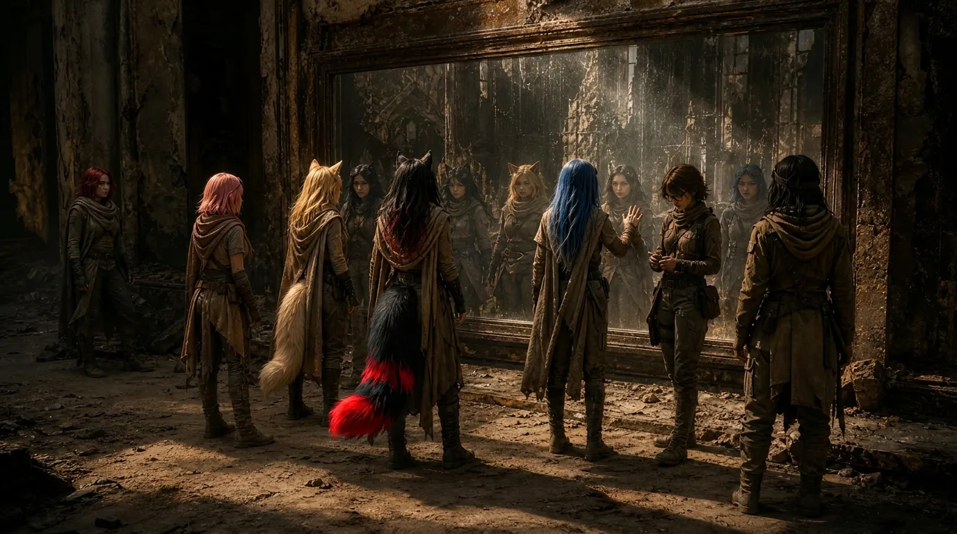 Aika's CORE7 broadcast rig hums as Akari and Hina stand before the mirror, their reflections a reminder of the harsh world outside. The crew's argument has passed, and forgiveness has been offered. Akari's tail, a symbol of their differences, is now a reminder of their unity. The desert sands whisper secrets, and the metal smell of the bunker lingers, a testament to their journey.