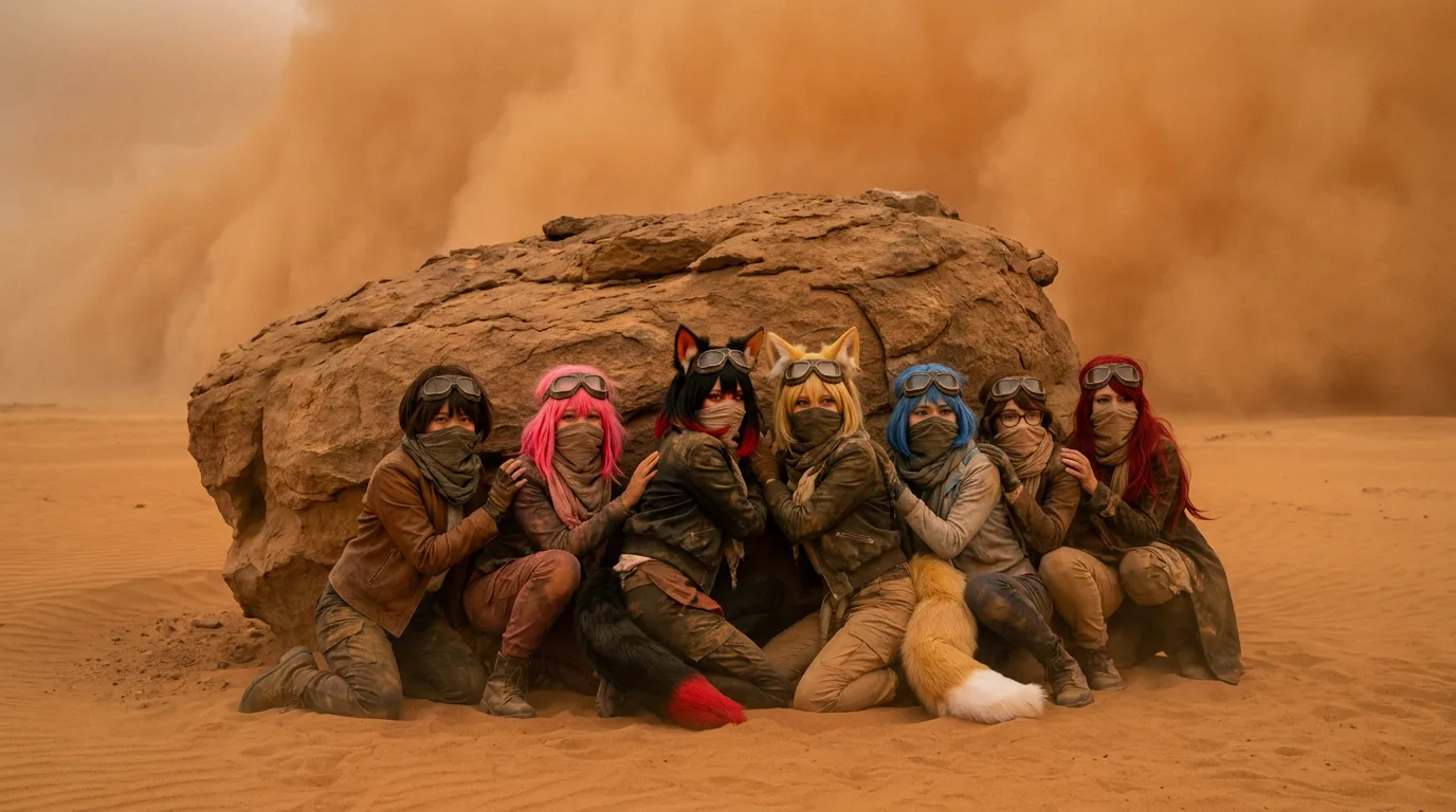 The crew huddles together, seeking shelter from the relentless sandstorm. Aika's CORE7 rig hums softly, while Rika and Hina shield their faces from the stinging sand, their goggles a vital defense. The group's dynamics are on full display as they navigate the harsh environment, their bond and determination forged in the crucible of survival.