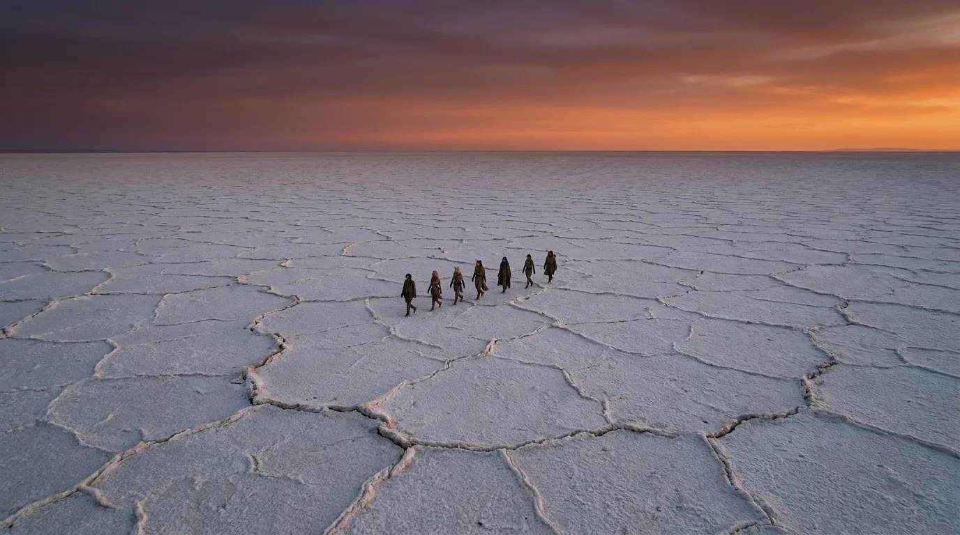 Aika's CORE7 broadcast rig hums softly as Akari walks ahead, her bioluminescent tattoos glowing in the fading light. The others follow, their footsteps echoing through the barren expanse of cracked salt flats. Hina's eyes scan the horizon, her gaze a map of memories and longing. The Vespera crew moves as one, their footsteps a rhythm of hope in a desolate world.