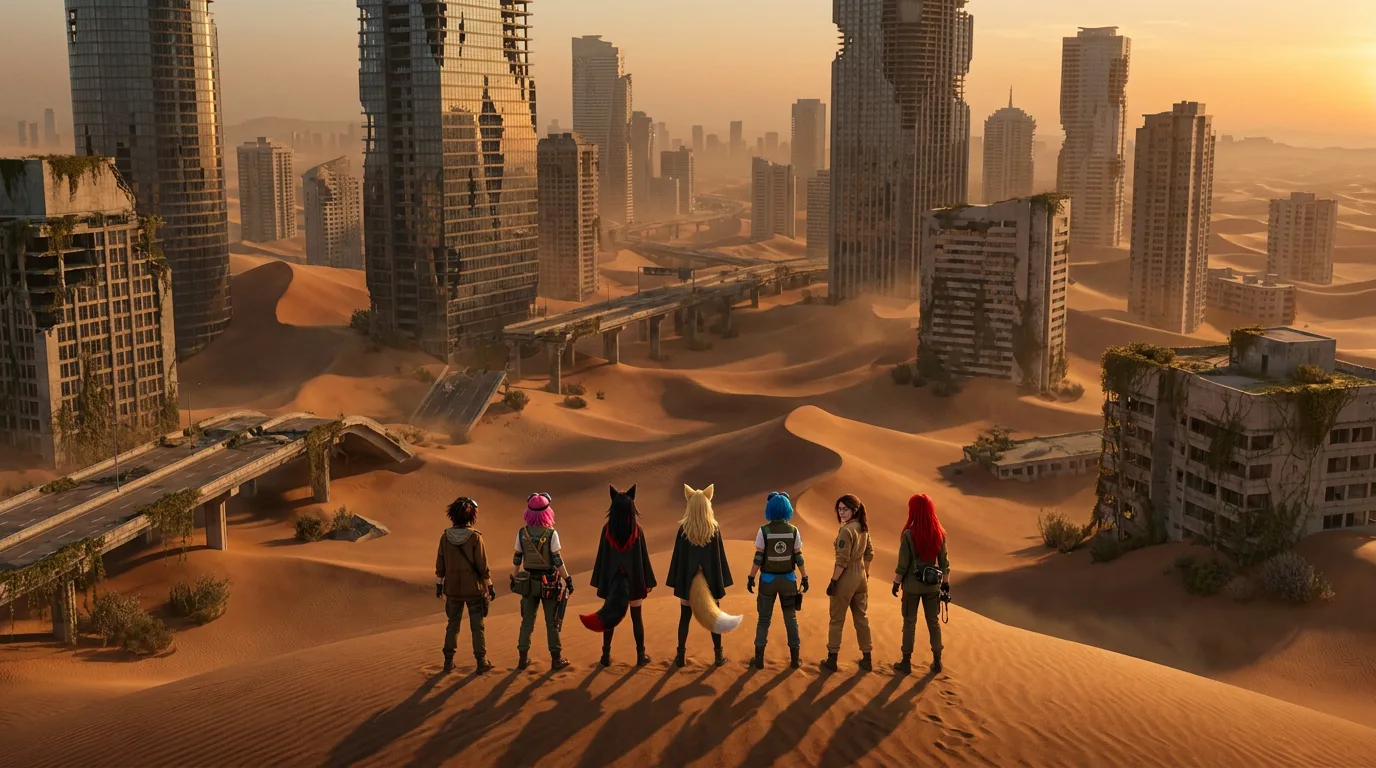 The Vespera crew pauses at the edge of a barren, radioactive desert, their eyes scanning the horizon. Aika's broadcast rig hums softly, as the team's diverse personalities momentarily unite in a shared moment of contemplation. Akari's gaze is distant, while Hina's eyes scan the terrain with a mix of caution and hope. Komi stands tall, her breathing steady, as the team stands together, a fleeting sense of solidarity in the desolate expanse.