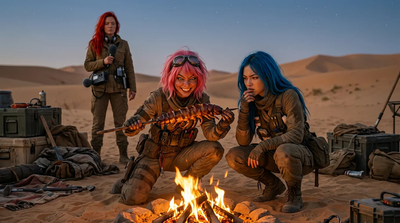 The image depicts a tense moment within the Vespera crew. Hina and Rika, their faces aglow with the fire's warmth, share a quiet moment of forgiveness, their bond and trust in each other palpable as they sit together in the desolate, radioactive desert. Aika, standing behind them, holds the portable CORE7 broadcast rig, ready to capture this moment of human connection amidst the vast, barren landscape.