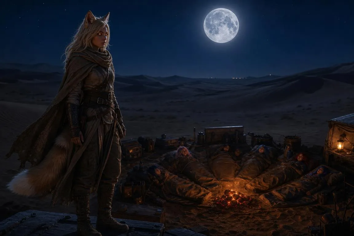 Yui stands atop a dune, her gaze outstretched towards the moon, her voice carrying on the wind as she delivers her apology tour. Rika patrols in the dark, her footsteps a steady beat in the stillness. The crew gathers around the fire, their faces illuminated by the flickering flames, as they discuss a tactical question, their voices a low hum in the desert night.