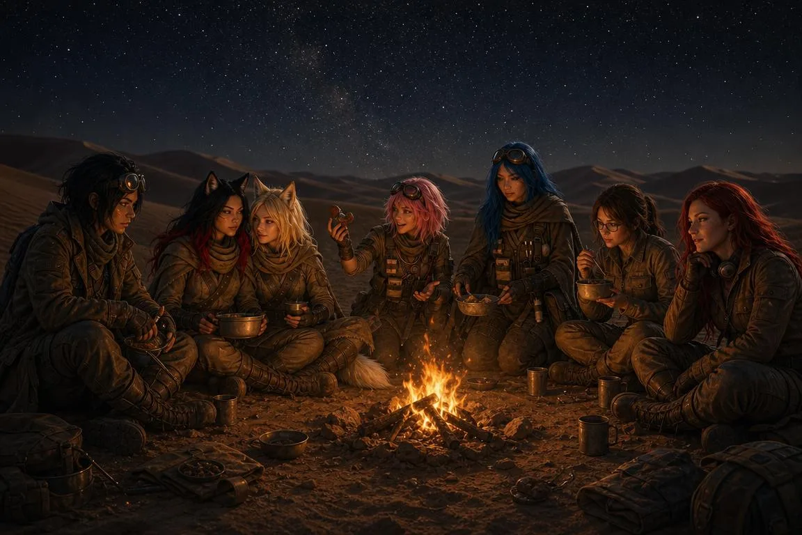 The crew gathers around the campfire, their faces illuminated by the flickering flames as they share a meal of dried meat and vegetables. Rika's patrol in the dark has brought her back to the group, and Yui's apology tour has drawn her in. The air is thick with the smell of metal and the taste of radiation, but for now, they find comfort in each other's company.