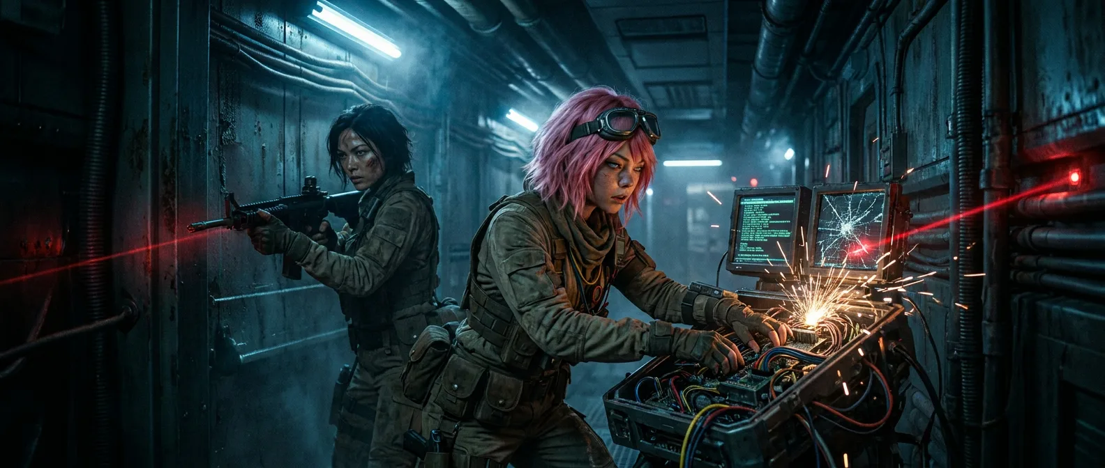 Aika's hands move with purpose, her fingers dancing across the CORE7 rig's controls as she broadcasts their message to the void. The metal-smell of the bunker's walls clings to her like a shroud, but her eyes gleam with a fierce hope. Beside her, the other woman stands watch, her rifle at the ready, scanning the desolate horizon for any sign of life - or the Polyák family.