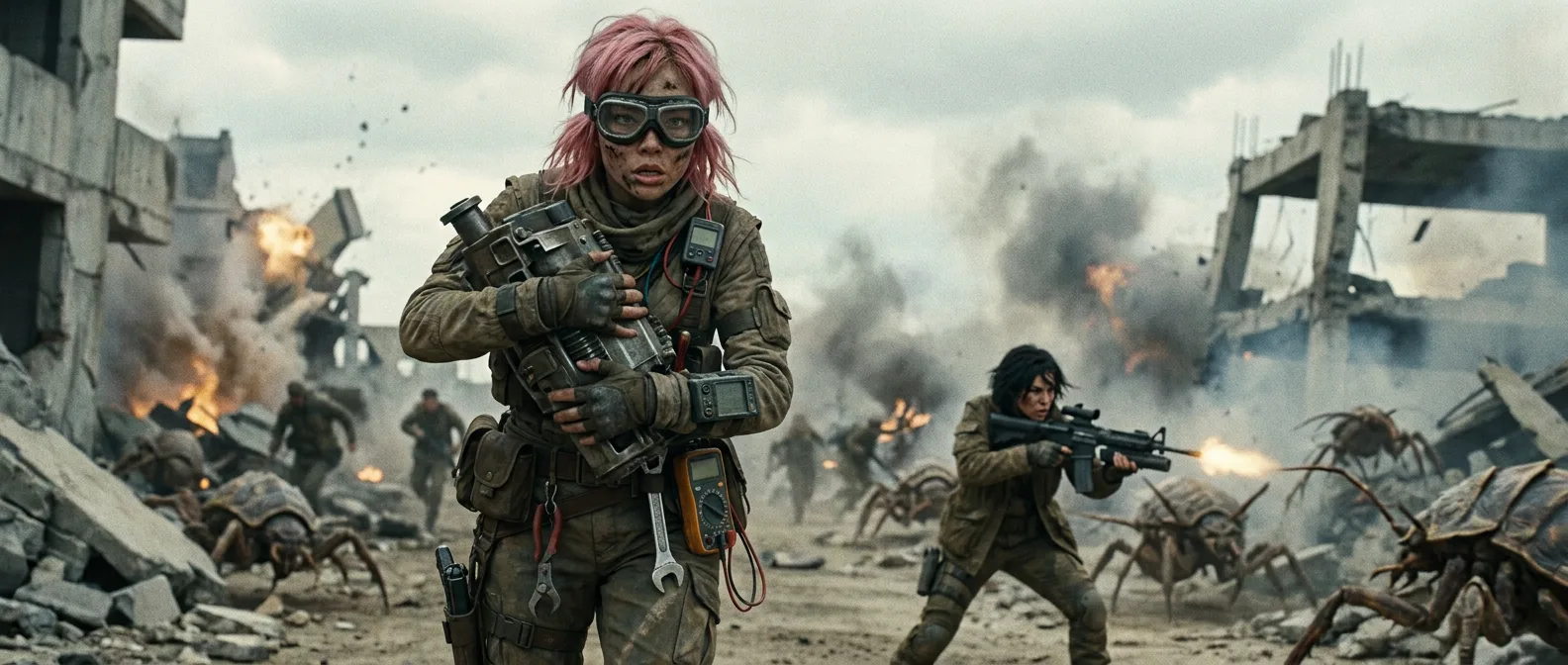 The dusty air clings to Aika's face as she strides forward, CORE7 rig slung over her shoulder, the hum of its systems a steady heartbeat. The ruins of what was once a city stretch out before her, the twisted metal and concrete a testament to the devastating war that ravaged the planet. Her eyes scan the horizon, searching for any sign of the Polyák family, her heart heavy with the weight of their 300-year journey.