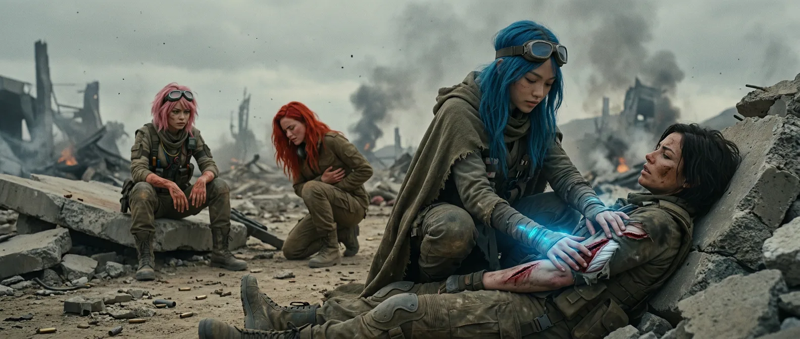 Aika's hands, stained with blood, tremble as she cradles a wounded man. Rika kneels beside them, her red hair a stark contrast to the desolate landscape. Hina, with her blue locks, sits nearby, her eyes fixed on the horizon. The air is heavy with the scent of smoke and metal, a constant reminder of the devastation that surrounds them.
