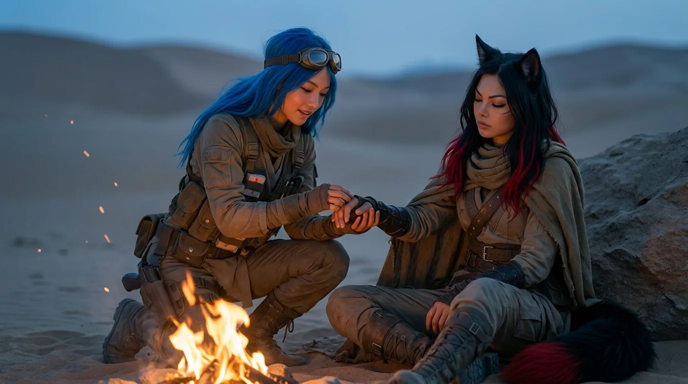 Aika and Rika sit together by a small fire, their faces illuminated by the flickering flames. Aika, with her blue hair, works on the CORE7 broadcast rig, her hands moving deftly as she adjusts the settings. Rika, with her black and red hair, sits beside her, her eyes fixed on the fire, the two women lost in thought as they contemplate their next move in the vast, barren desert landscape.