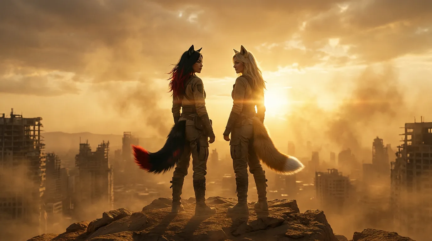 Aika and Rika stand at the edge of a barren wasteland, their eyes fixed on the horizon as the sun sets behind them. The air is heavy with the scent of sand and metal, and the only sound is the soft hum of the CORE7 rig at Aika's side. The two women, their fox-like ears and tails a testament to their hybrid nature, are a picture of determination, their faces set against the desolate backdrop.